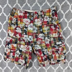 Plugg Madras Plaid Cargo Shorts Mens 34 Patchwork Hibiscus Resort